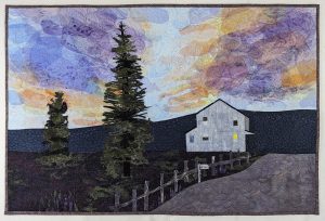 A house in the evening along a country road, with one window lighted up. There are two pine trees in the yard, and a fence along the road.