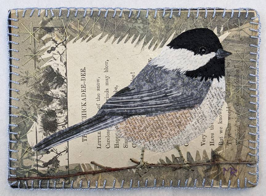 chickadee quilt collage using paper with a poem on it