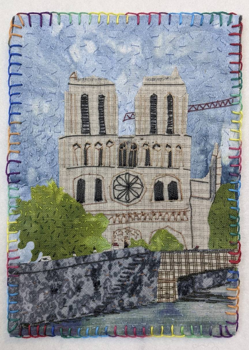 art quilt depicting the notre dame cathedral